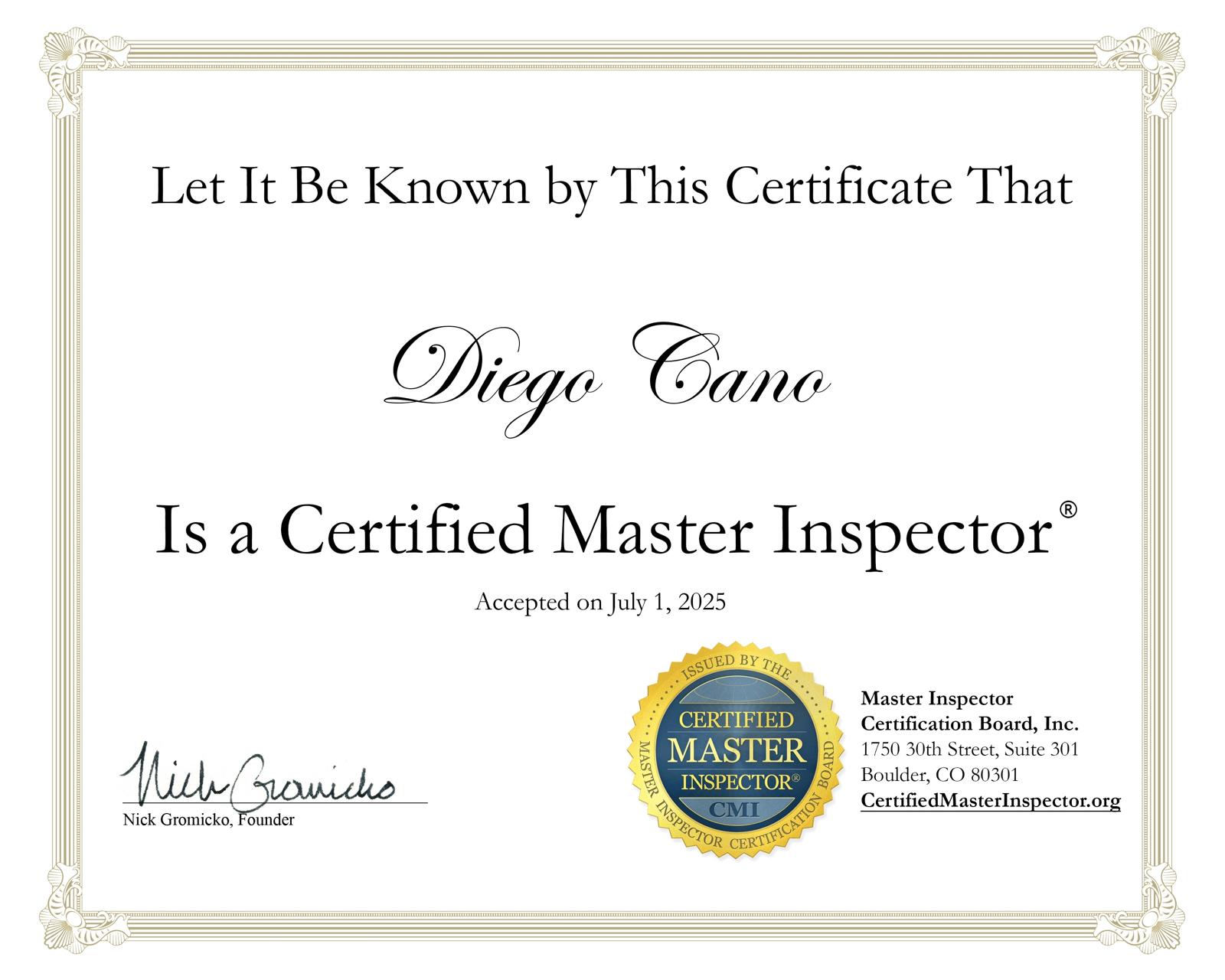 Master Inspector Certificate